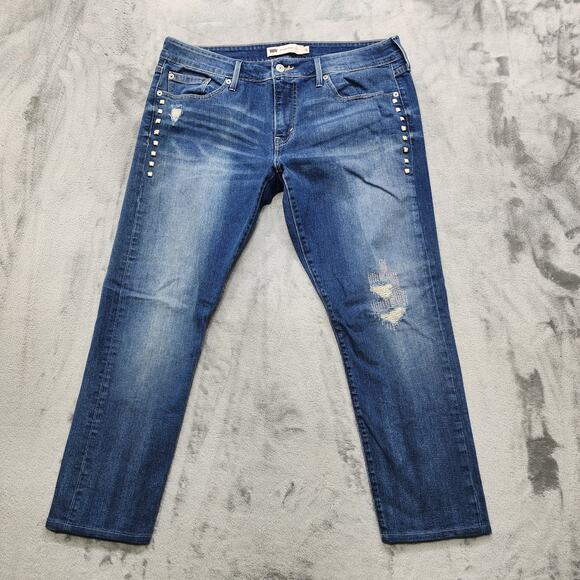 Levi's Jeans Women 31 12M Blue Studded Boyfriend Skinny Cropped Ankle Distressed - Picture 1 of 16